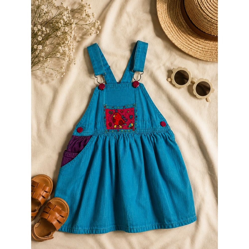 OshKosh B'gosh Vintage 90s Blue Purple Overall Dress Bird Patch Girls Size 5 USA